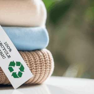 Recycled fabric clothes with eco friendly label.