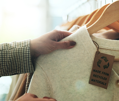 Hand holding eco friendly clothing with tag.