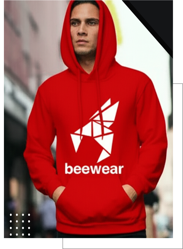 Person wearing a bright red hoodie with a geometric bee logo and beewear text.