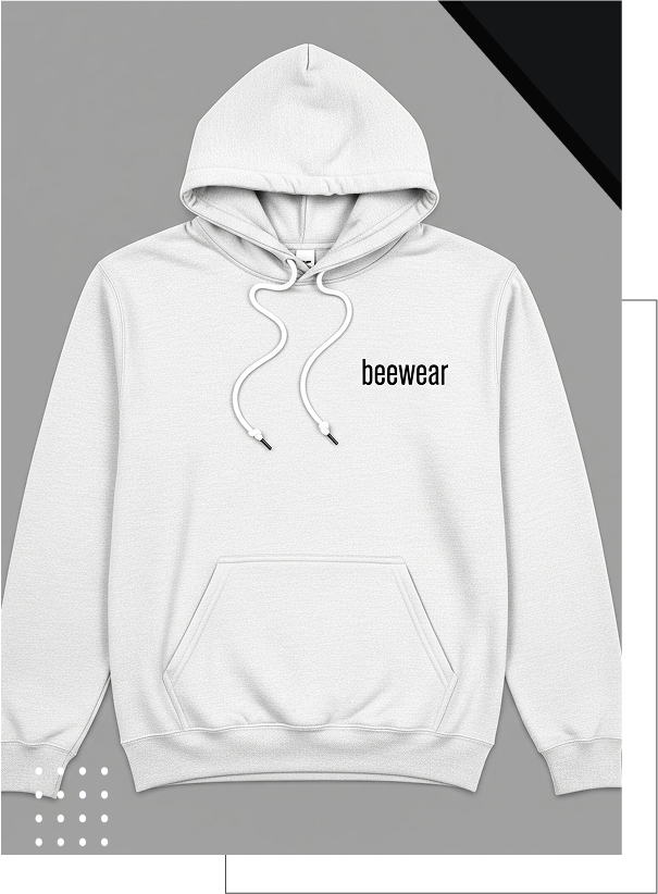 White hoodie with beewear text on the chest and front pocket.
