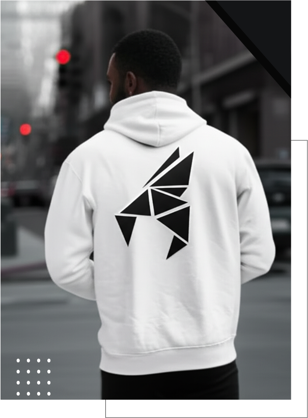 Person wearing a white hoodie with a black geometric bird design.